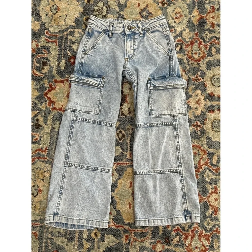 Art Class Cargo Jeans Girls 6 Light Wash Wide Leg Utility Y2K *Flawed*